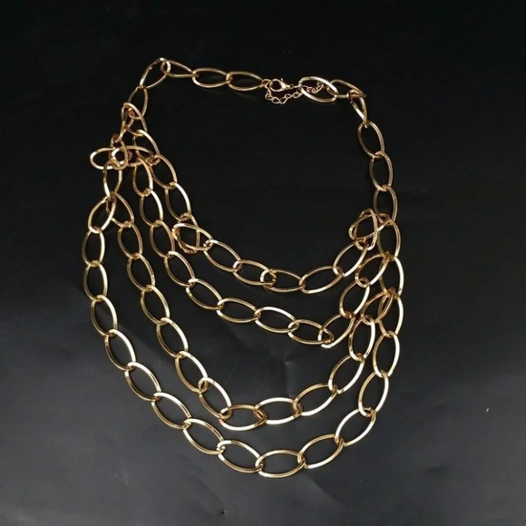 Gold Hoop Chain Links Multi Strand Necklace - Picture 4 of 4